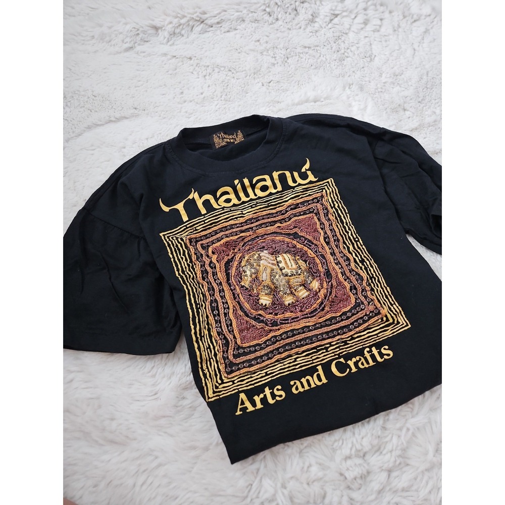 Vintage Thailand Arts and Crafts Beaded Elephant Graphic T-Shirt Black Men's L‎